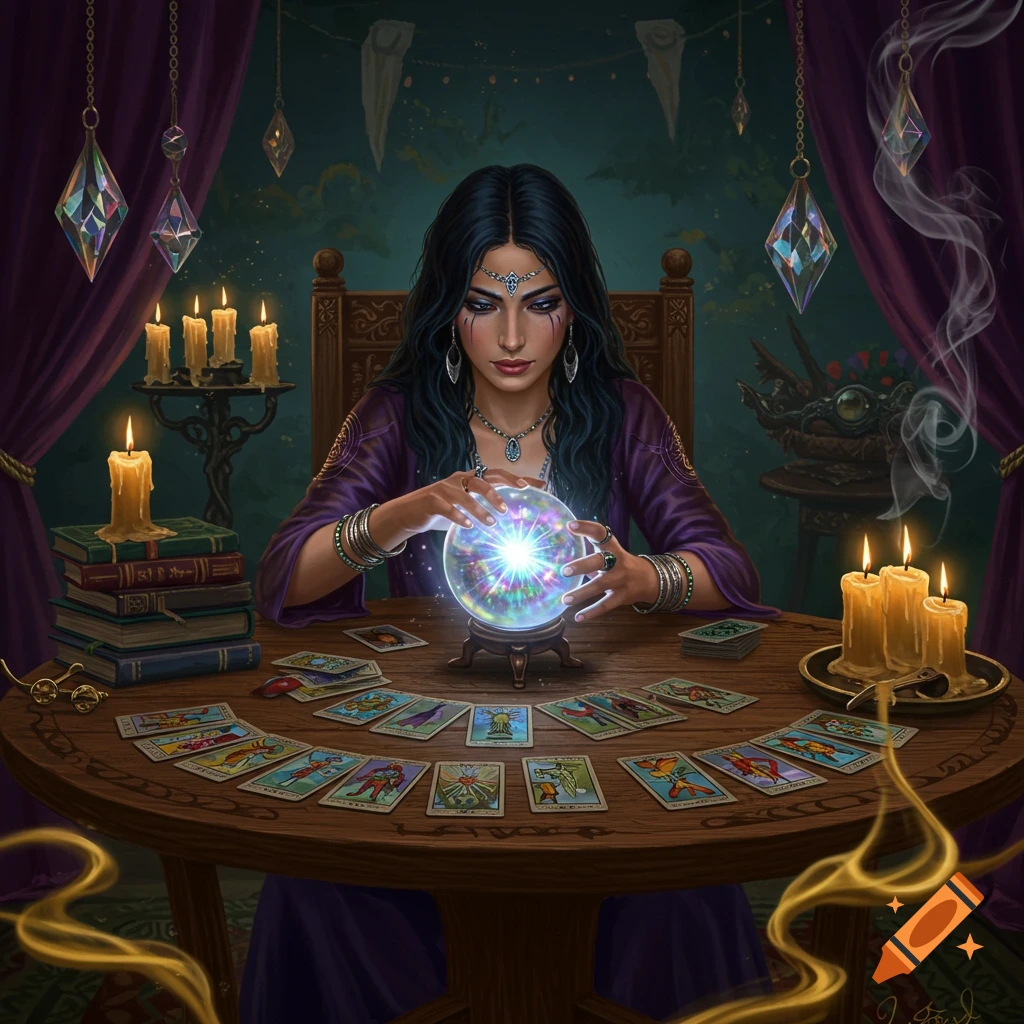 A fortune teller with dark hair and a purple dress sits at a wooden table, hands over a glowing crystal ball. Tarot cards, candles, and books surround her.