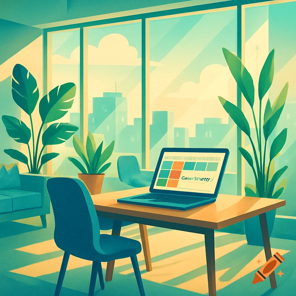 Stylized illustration of a bright office space with a laptop on a desk, a blue chair, and green plants by large windows overlooking a city.