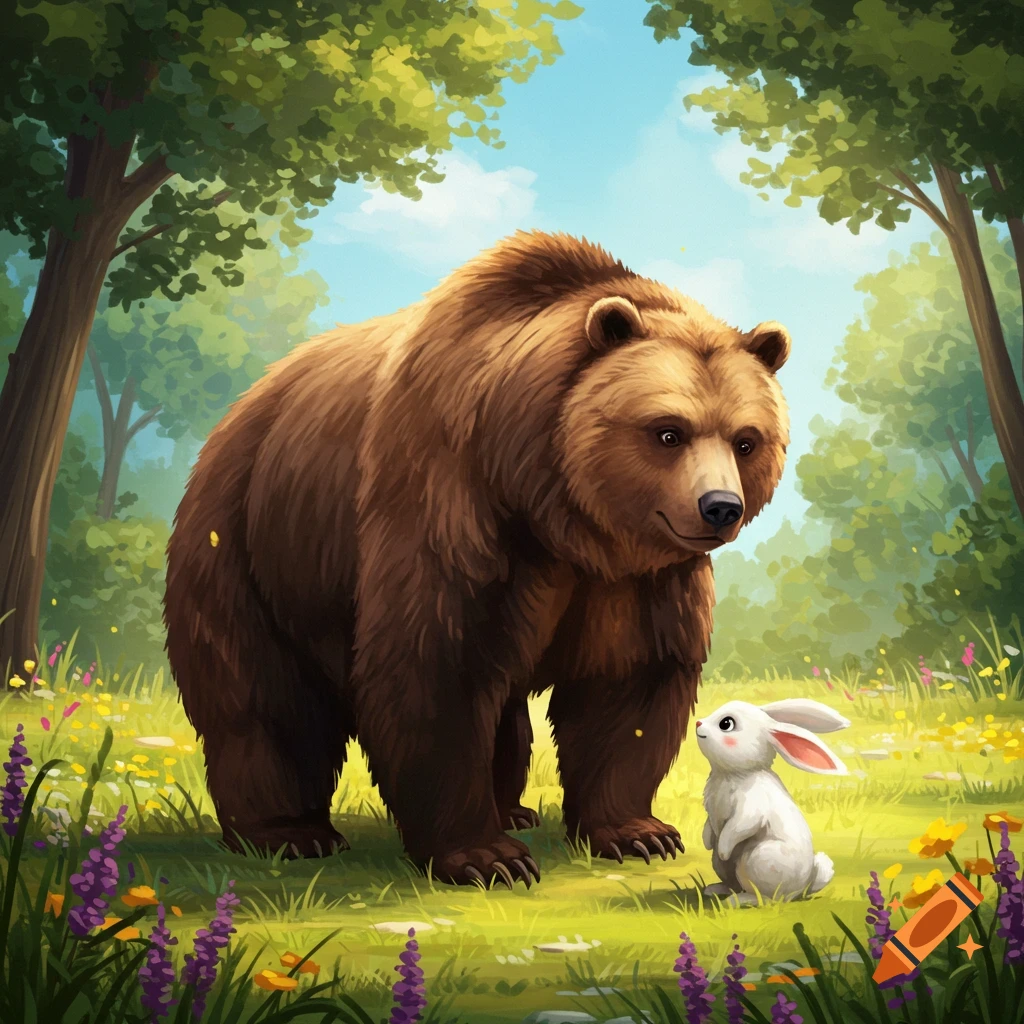 A large brown bear looks gently at a small white rabbit amidst purple and yellow flowers in a sunny, green forest illustration.