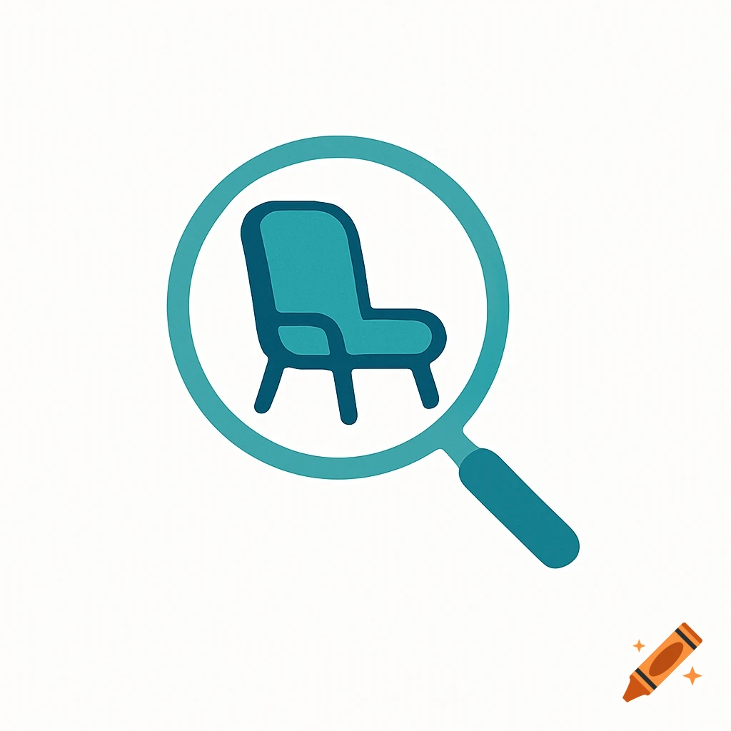 A teal magnifying glass icon with a stylized teal chair inside, on a white background.