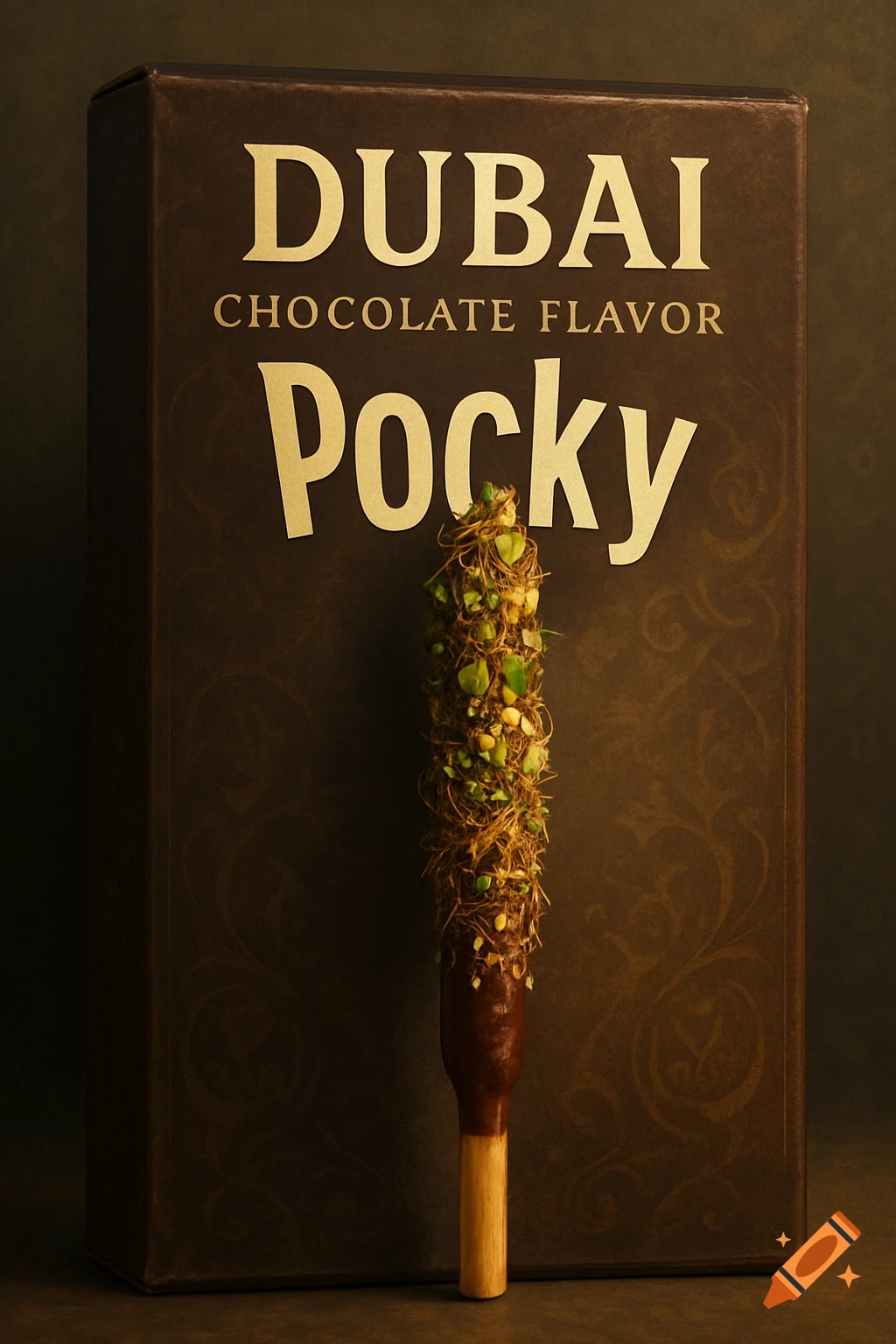 A chocolate-dipped Pocky stick with pistachios and kataifi in front of a brown box labeled 'DUBAI CHOCOLATE FLAVOR Pocky'.