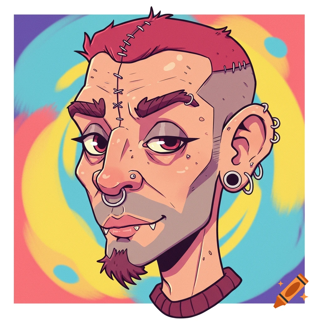 Cartoon portrait of a man with red hair, stitches, facial piercings, stretched earlobes, and fangs against a colorful swirl background.