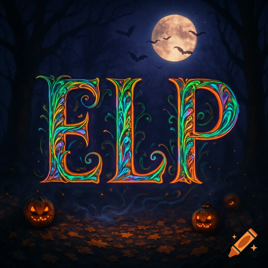 Vibrant, glowing 'ELP' letters against a dark Halloween forest background with a full moon, bats, and carved pumpkins.