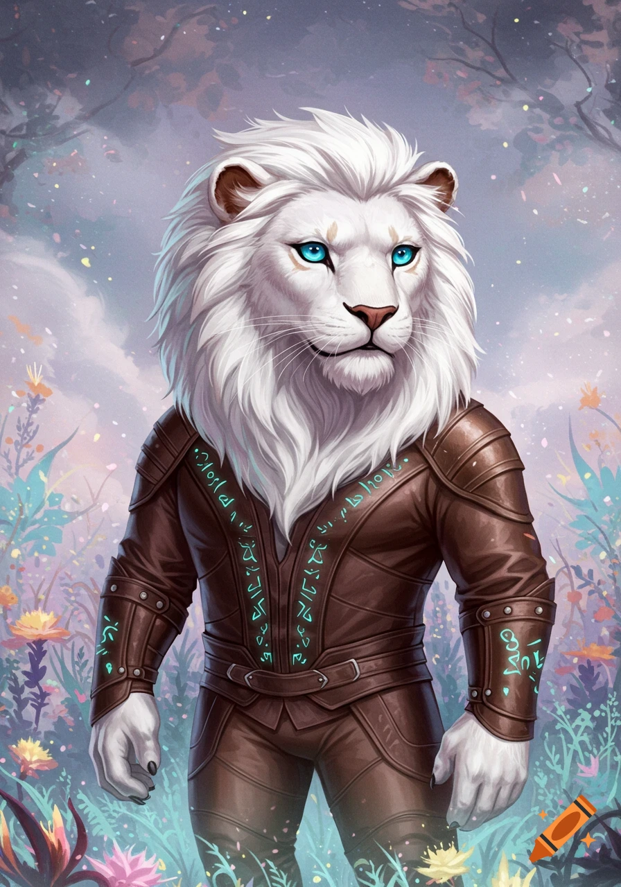 A white lion-headed man with blue eyes in a brown leather tunic with glowing glyphs, standing in a whimsical, colorful forest.