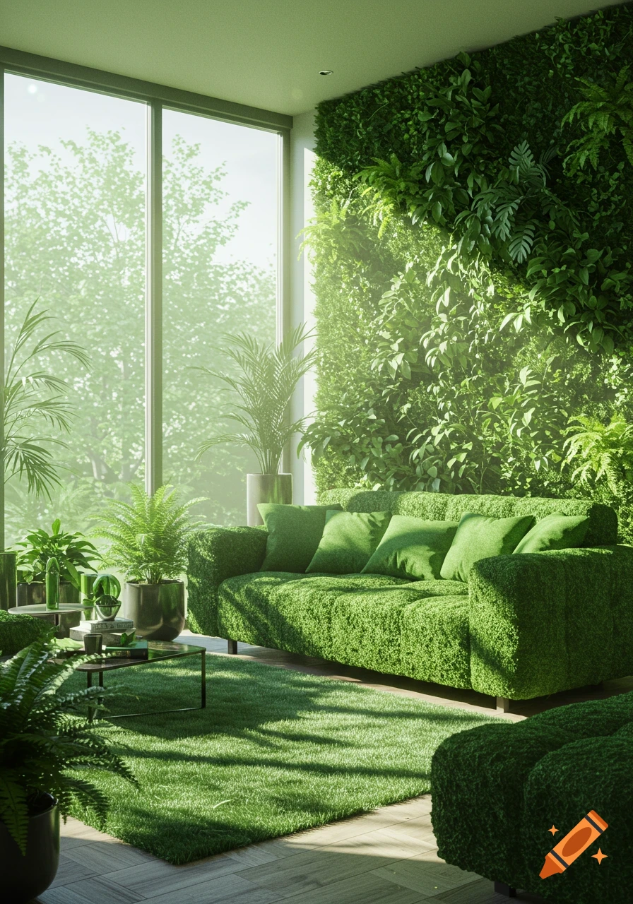 A photorealistic living room with a green moss-covered sofa, a grass-like rug, and a green plant wall, bathed in sunlight from a large window.