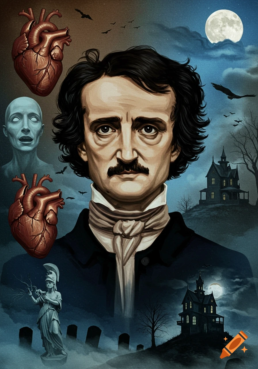 A gothic illustration of Edgar Allan Poe with hearts, haunted houses, moon, birds, and gravestones.