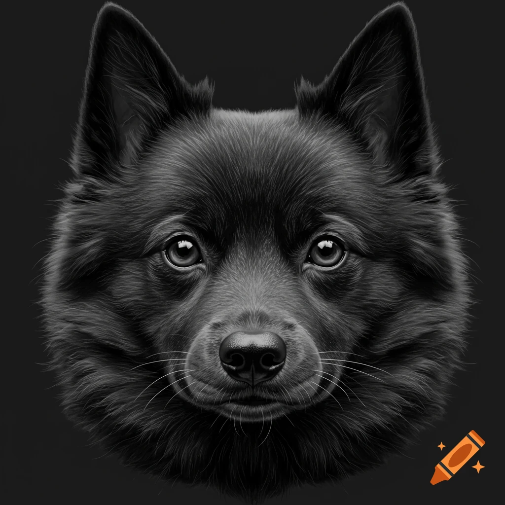 Close-up black and white portrait of a black Schipperke dog's face, looking directly forward.