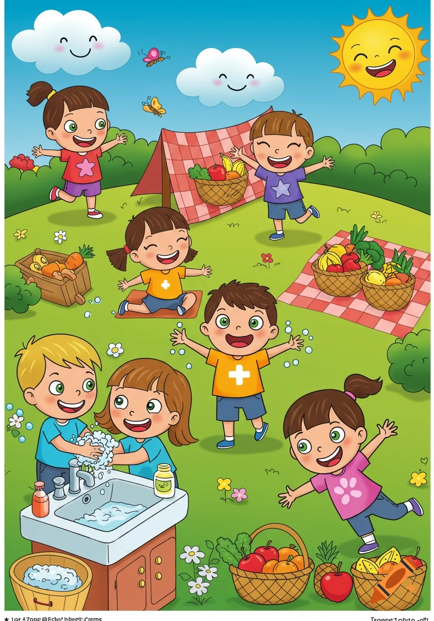 A vibrant cartoon illustration of happy children playing and washing hands at an outdoor picnic with baskets of fruits and vegetables.