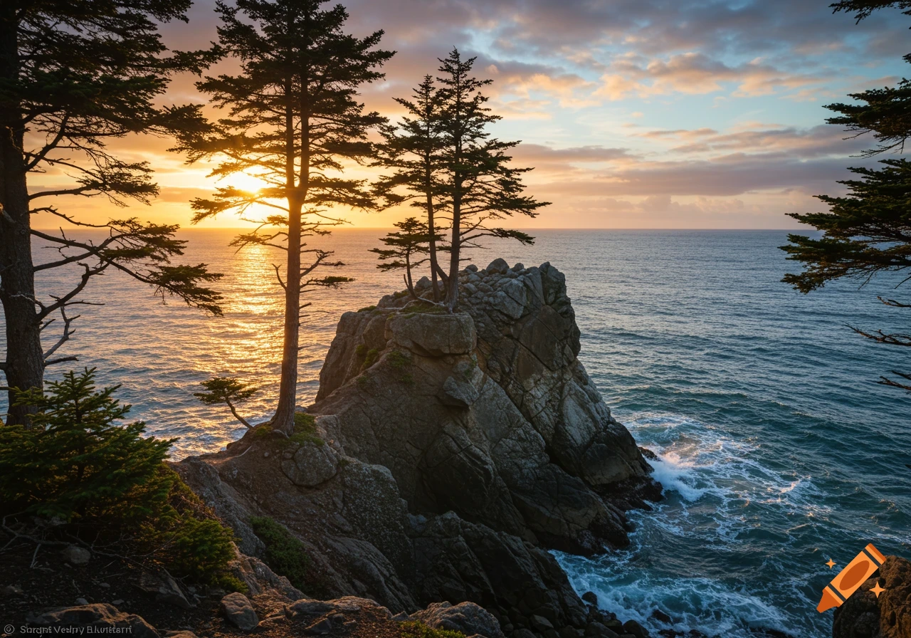 Golden sunset over the ocean with pine trees growing on a rocky cliff.