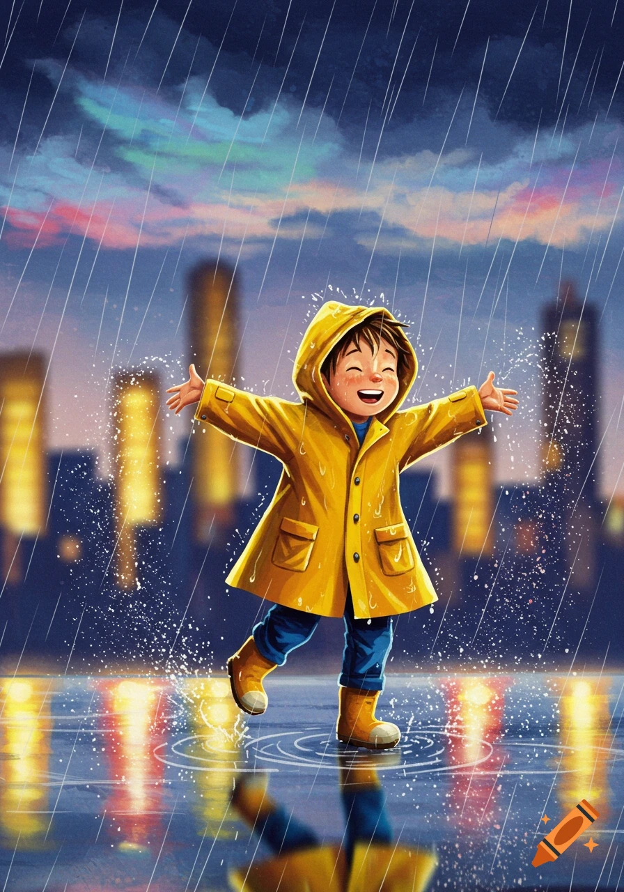 Happy child in yellow raincoat and boots dancing, splashing in the rain on a city street, illustrated style.