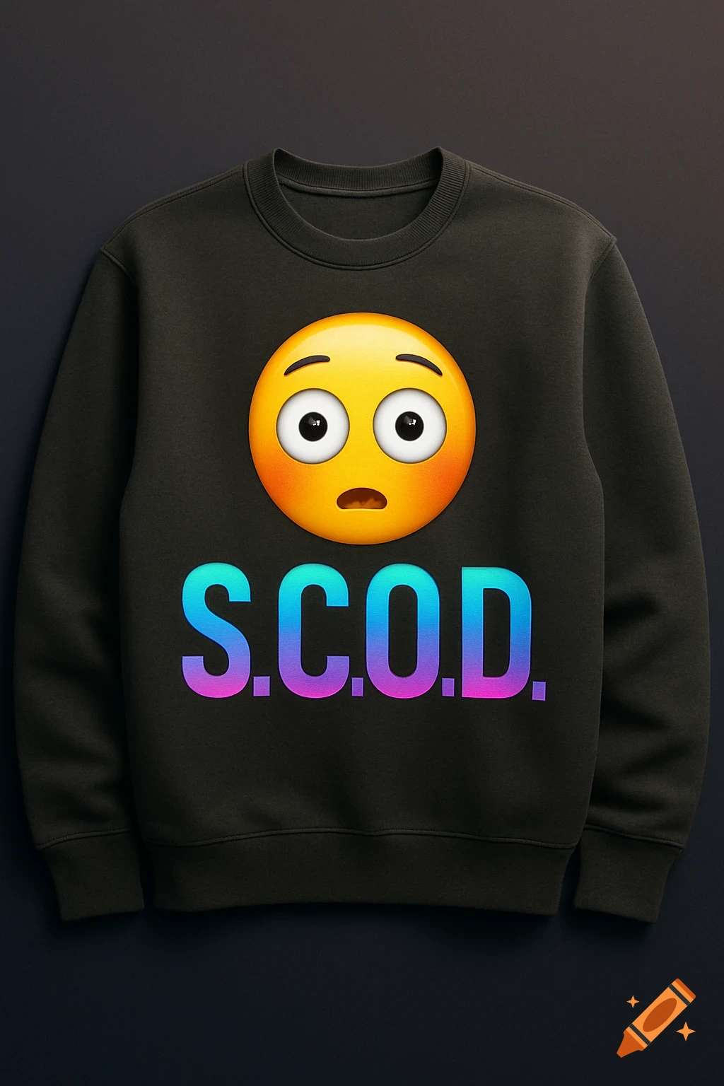 A dark gray sweatshirt featuring a surprised face emoji above the colorful gradient letters "S.C.O.D."
