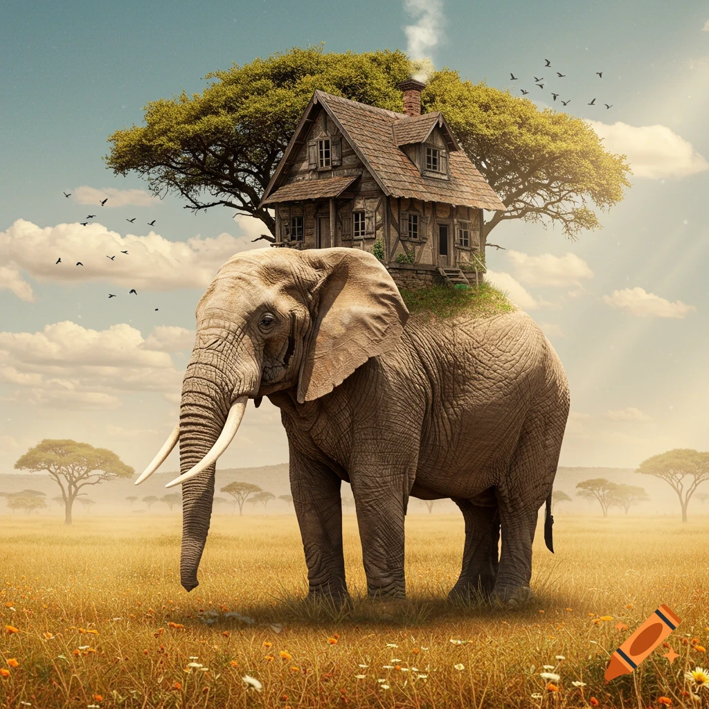 A photorealistic African elephant stands in a golden savanna, carrying a rustic wooden house with a smoking chimney and a tree on its back.