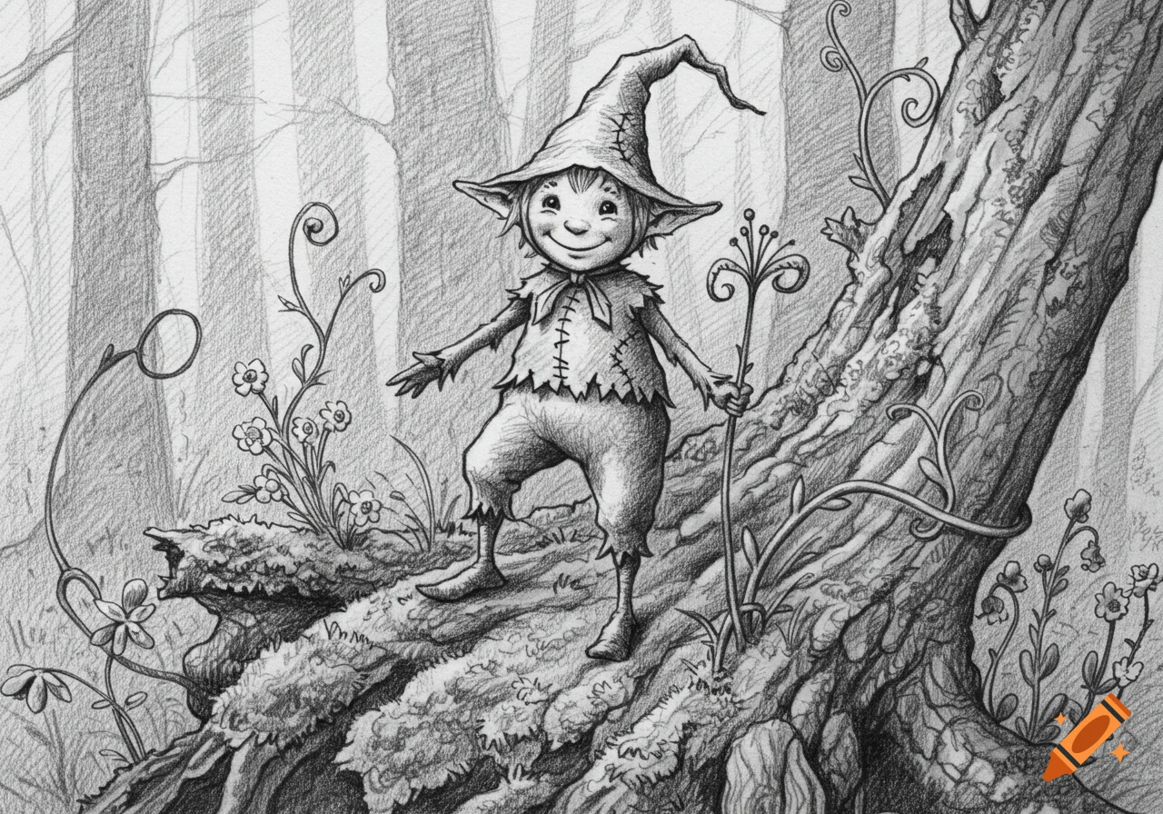 Detailed pencil sketch of a smiling gnome-like creature in a pointed hat, standing on a mossy log in a forest.