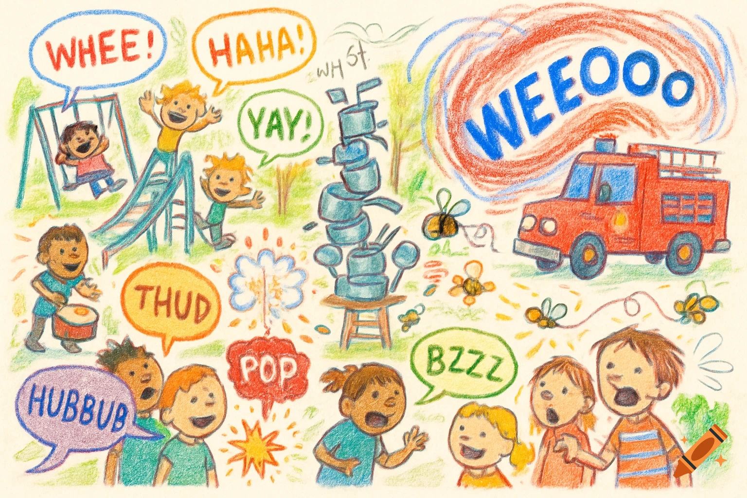 Colorful crayon illustration of children playing, making noise, with speech bubbles like "WHEE!", "HAHA!", "BZZZ!", a fire truck, and falling pots.