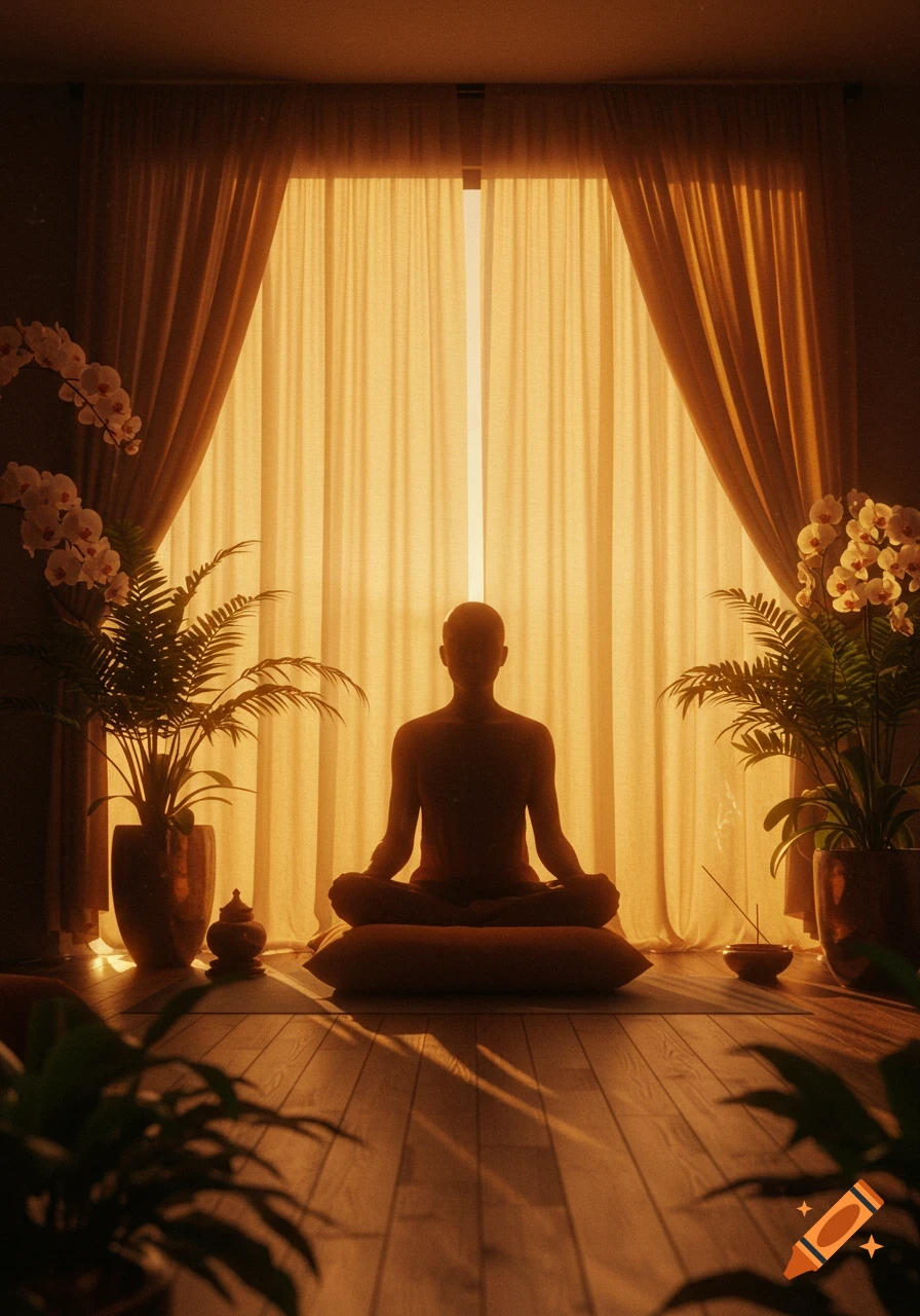 A silhouette of a person meditating in lotus position on a cushion in a warm, sunlit room with plants and curtains.