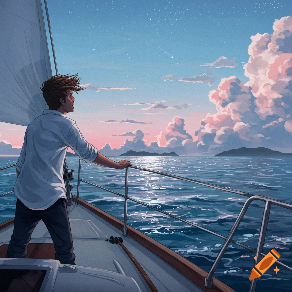 Illustrated man on a sailboat looking out at a pink and blue sunset sky over the ocean with islands.