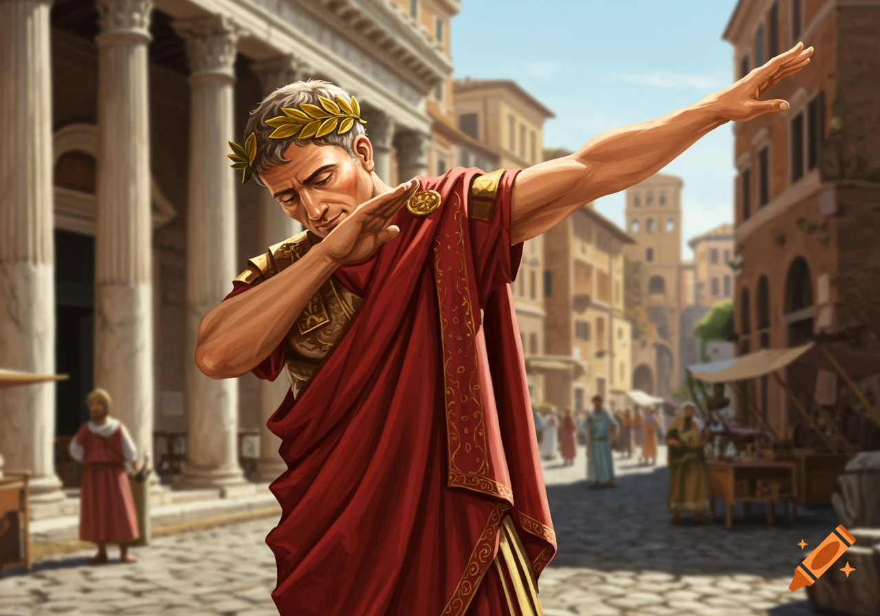 An illustration of Julius Caesar in a toga and laurel crown doing a dab dance move in a bustling Roman street.