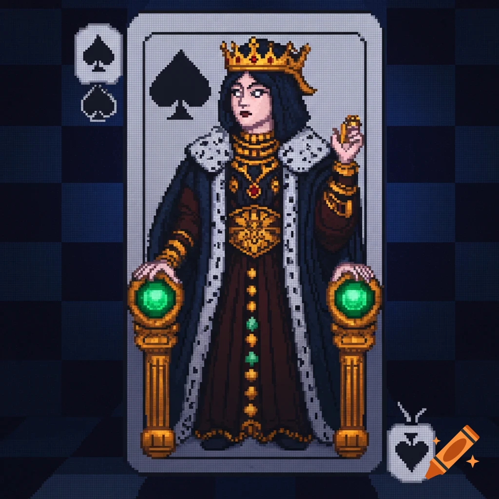Pixel art depiction of the Queen of Spades, adorned in a crown and regal attire, seated on a throne.