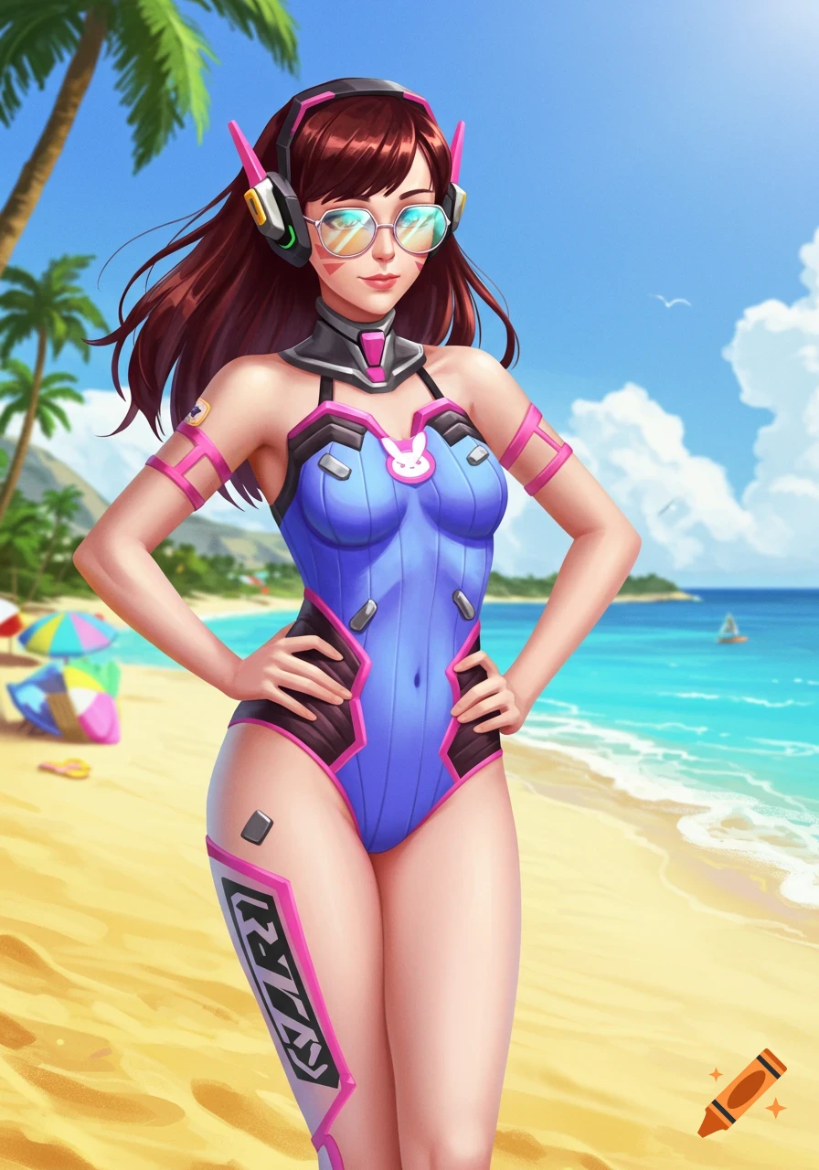D.Va from Overwatch in a blue and pink swimsuit, wearing headphones and sunglasses on a sunny beach with palm trees.