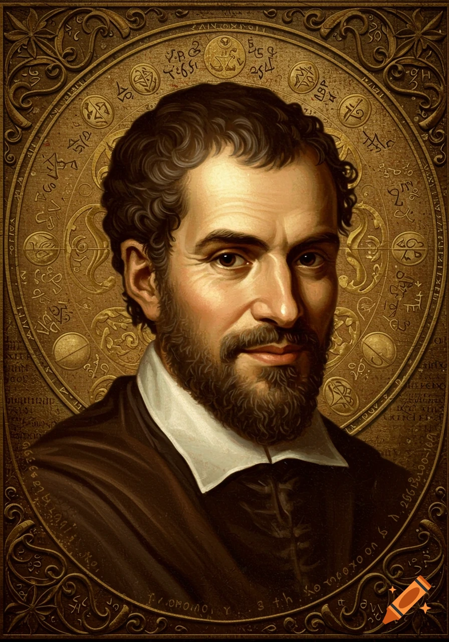 Oil painting portrait of a man with dark curly hair and a beard, wearing a period suit, set against an ornate golden background.