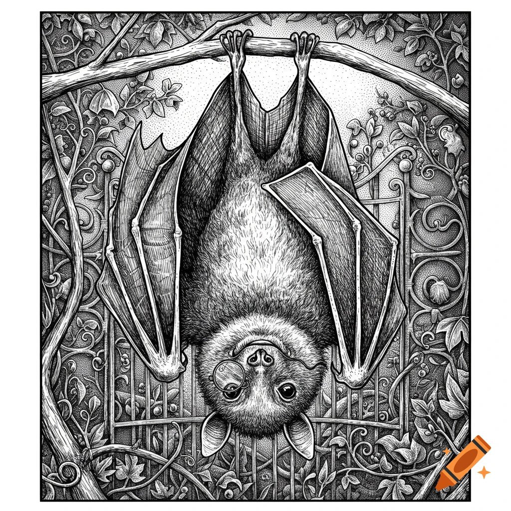 Detailed black and white illustration of a bat with a monocle hanging upside down from a branch amidst dense foliage and a gate.