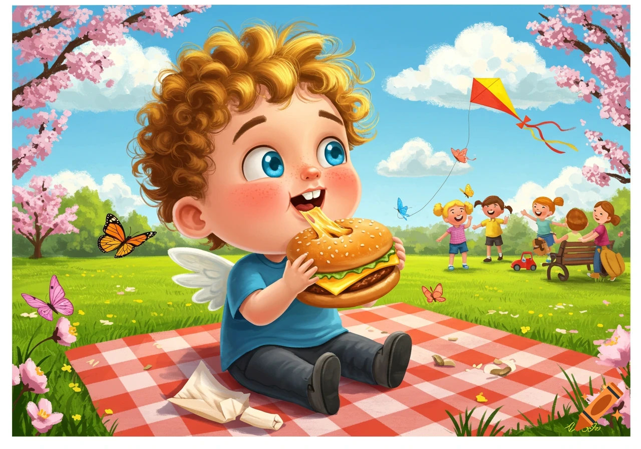 A happy cartoon child with curly red hair eats a cheesy burger at a spring picnic, with other kids, butterflies, and cherry blossoms.