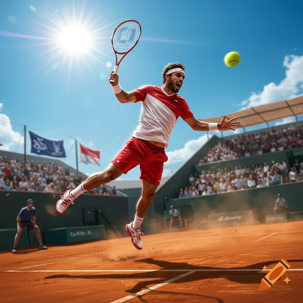 A male tennis player leaps high to hit a smash shot on a clay court under a bright, sunny sky, with a crowd in the background.