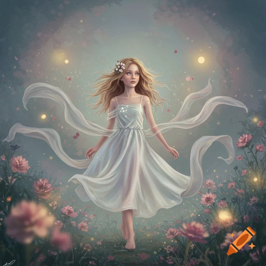 A young girl with long blonde hair in a white dress stands barefoot in a magical field of pink flowers with glowing lights.