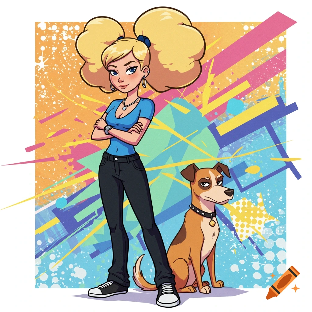 A cartoon girl with large blonde pigtails, a blue shirt, and black jeans stands with arms crossed next to a brown dog, against a vibrant, abstract background.