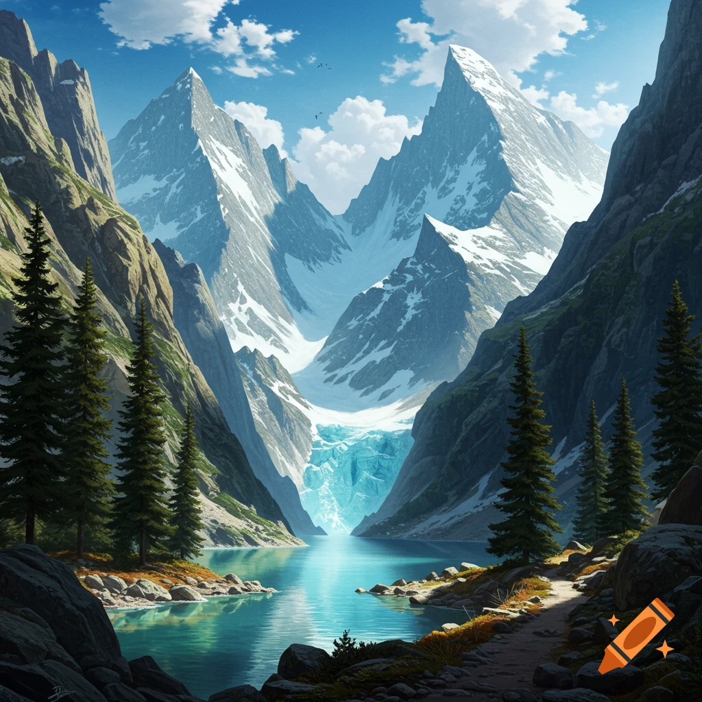 A highly detailed drawing of a majestic mountain pass with snow-capped peaks, a turquoise glacial lake, evergreen trees, and a winding path.