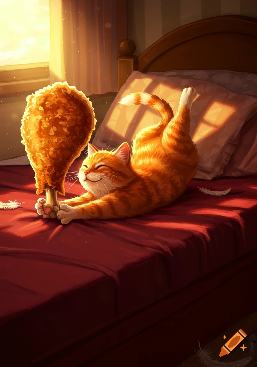 A happy orange cartoon cat stretches on a red bed, holding a giant fried chicken leg in the morning sun.