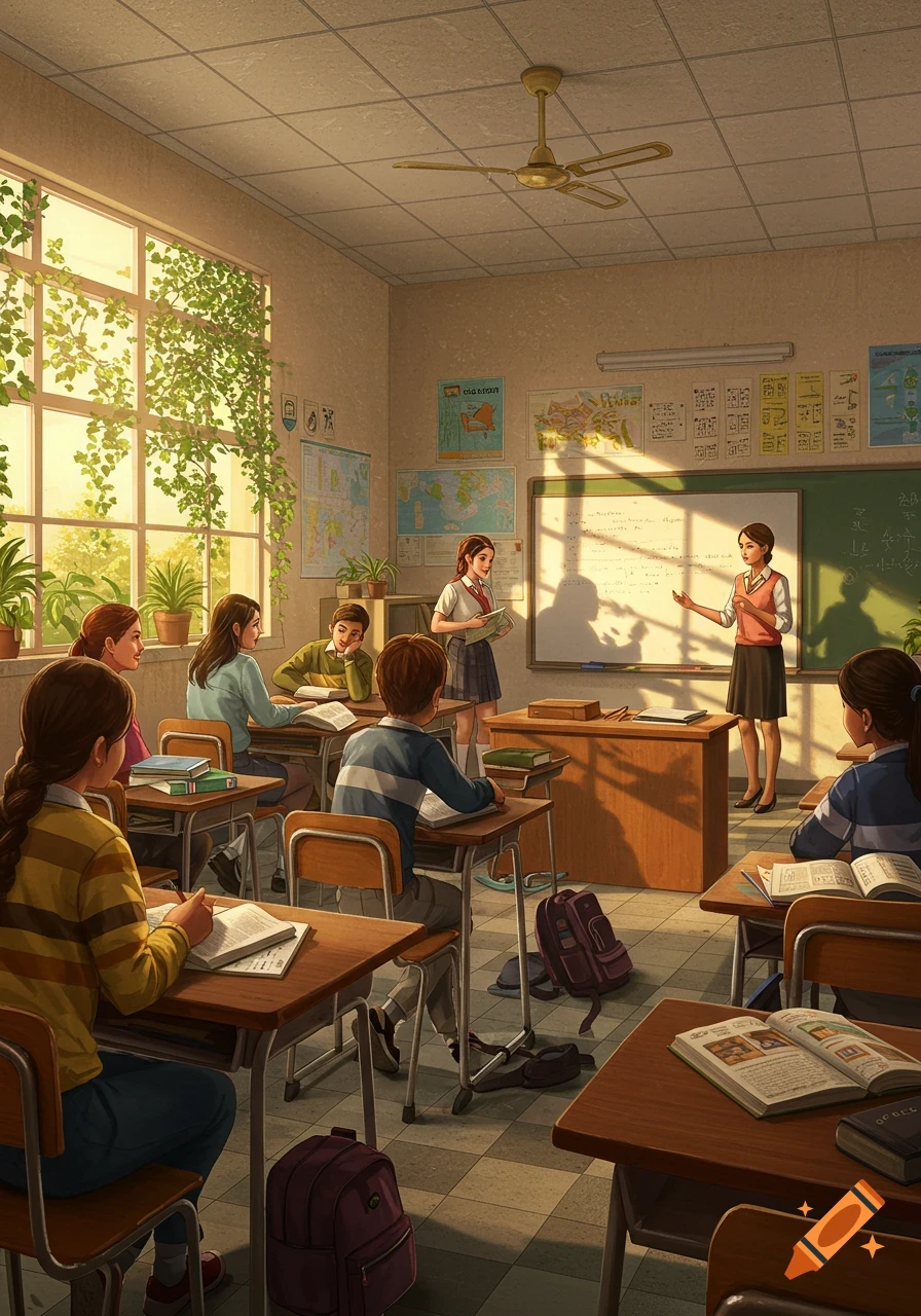 A brightly lit illustration of a secondary school classroom with a teacher at the whiteboard and students at their desks.