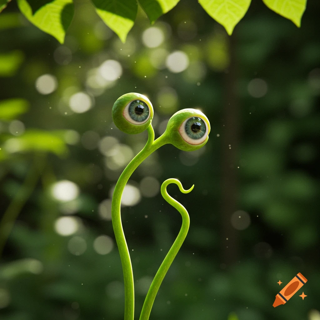 Two realistic human eyes on green plant stalks against a blurry, sunlit forest background.