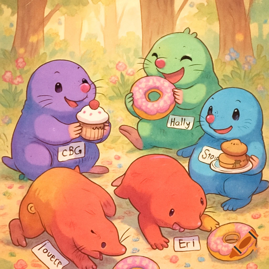A hand-drawn anime illustration of five colorful moles – purple, green, blue, and two reddish-orange – eating donuts and cupcakes in a forest.