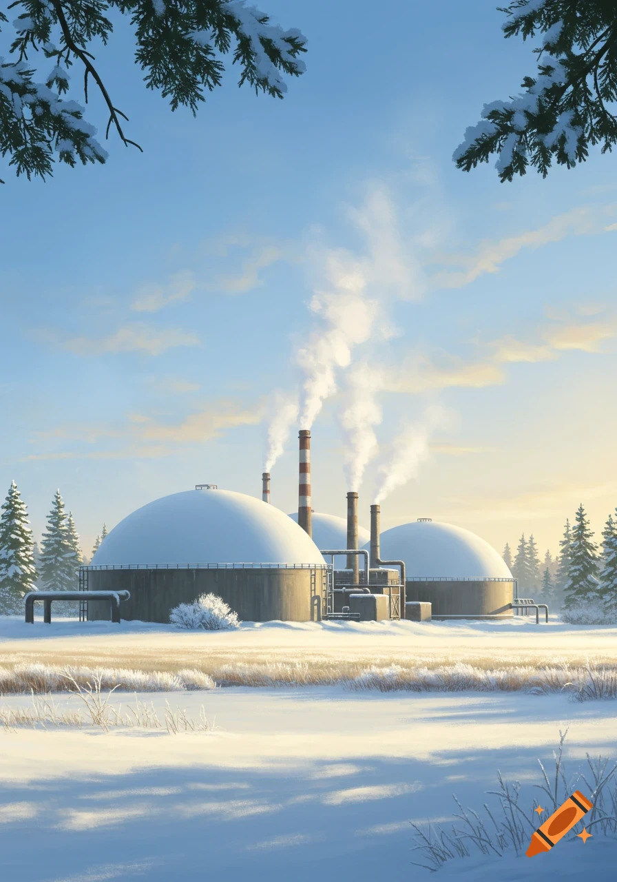 A snow-covered industrial plant with dome-shaped tanks and smokestacks emitting smoke, set in a winter landscape under a clear sky.