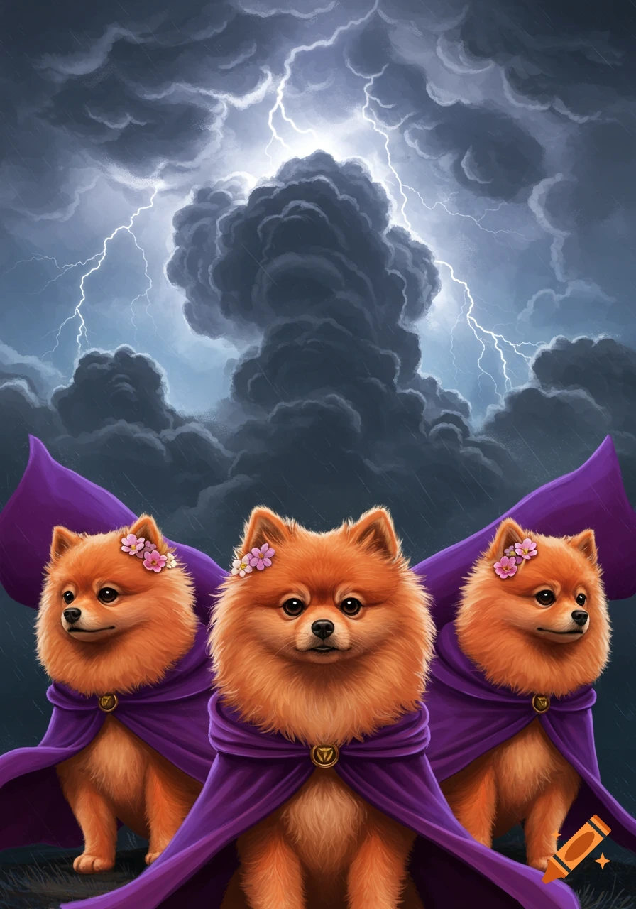 Three fluffy orange Pomeranians in purple capes with flowers on their ears under a stormy sky with lightning.