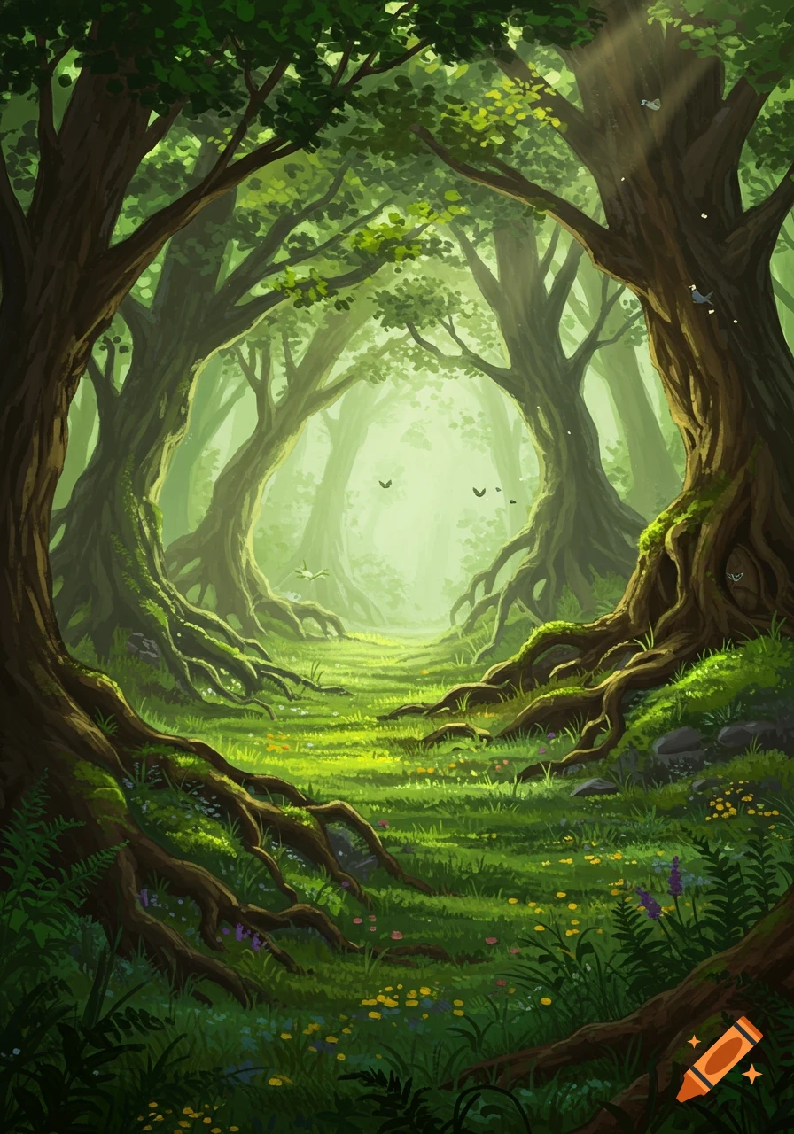 A vibrant, stylized digital painting of a sunlit forest path with ancient trees, exposed roots, and lush green grass.