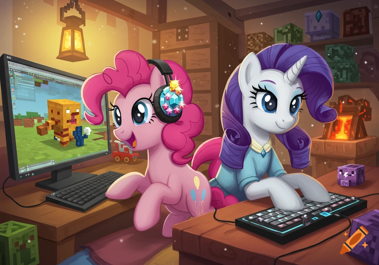Cartoon Pinkie Pie and Rarity from My Little Pony playing Minecraft on a desktop computer in a cozy, block-filled room.