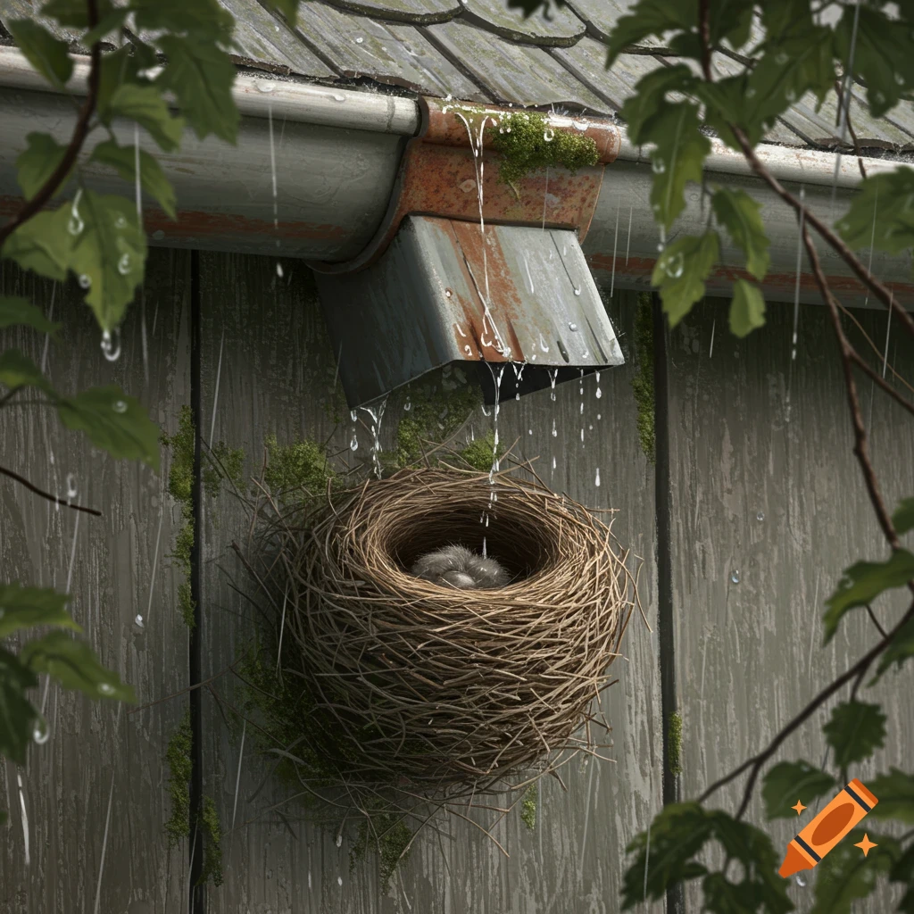Photorealistic image of a bird's nest with chicks under a rusty rain gutter on a wooden wall during rain.