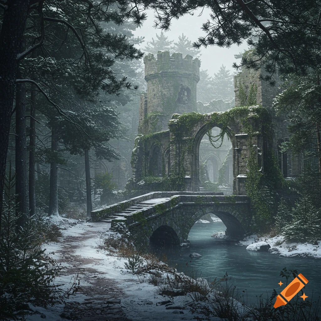 A snowy forest path leads to ancient, ivy-covered castle ruins with a towering turret and archway, crossing a stone bridge over a dark river, in a photorealistic fantasy style.