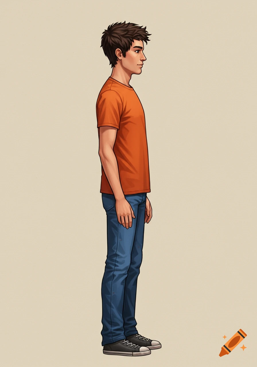A male character with brown hair wearing an orange t-shirt and blue jeans, depicted in a 2D illustrated side profile.