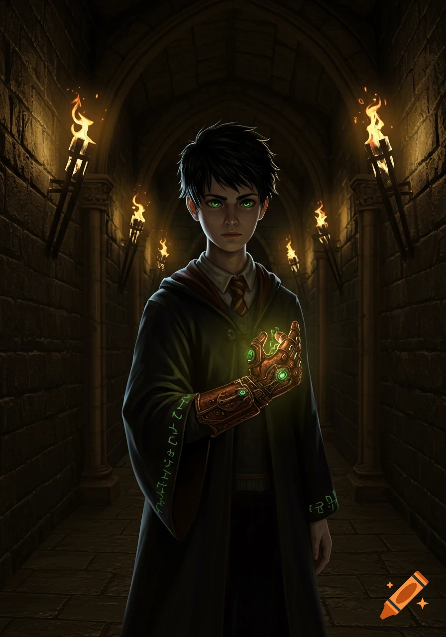 A young boy with black hair and green eyes, wearing a dark wizard robe and a glowing copper gauntlet, stands in a torch-lit stone hallway.
