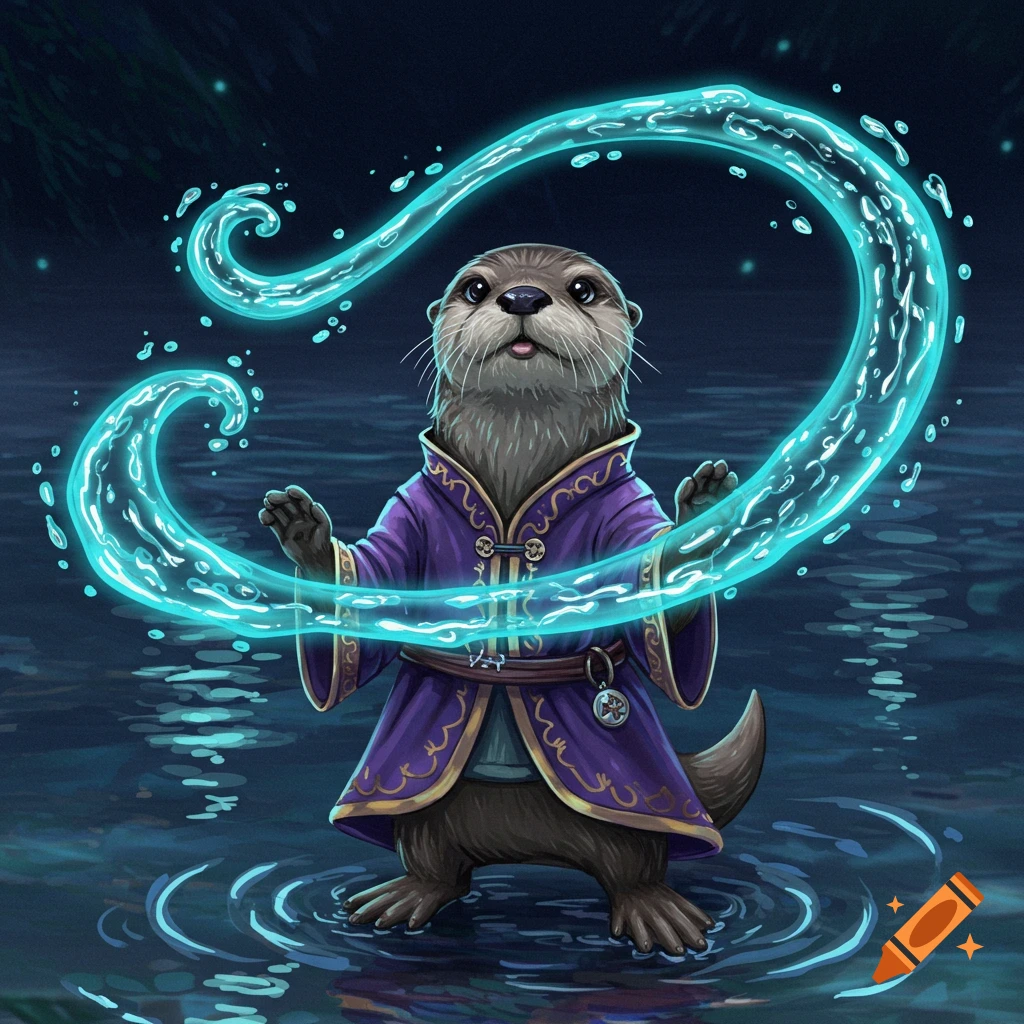 An anthropomorphic otter wizard in purple robes casts glowing blue water magic while standing in moonlit water, in a painterly fantasy illustration style.