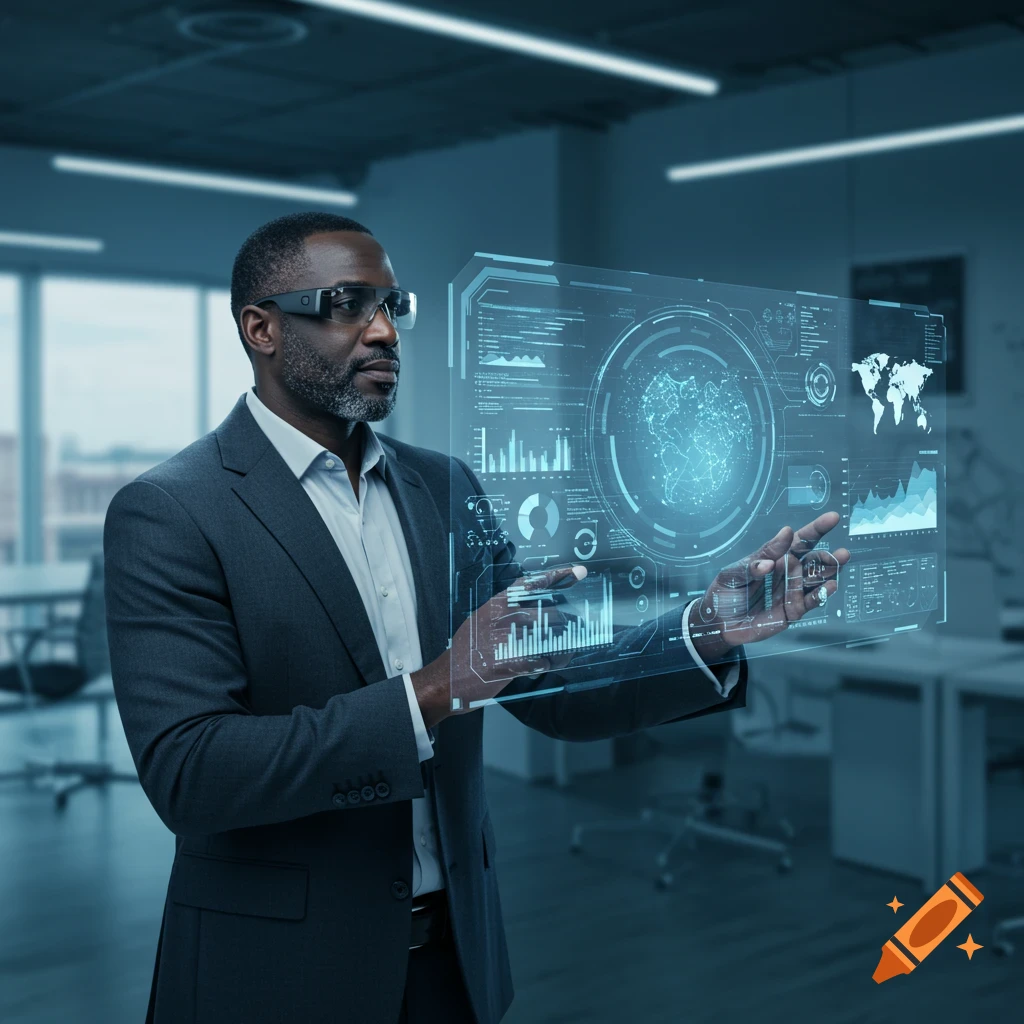 A businessman in a suit and smart glasses interacts with a holographic data display in a modern office.