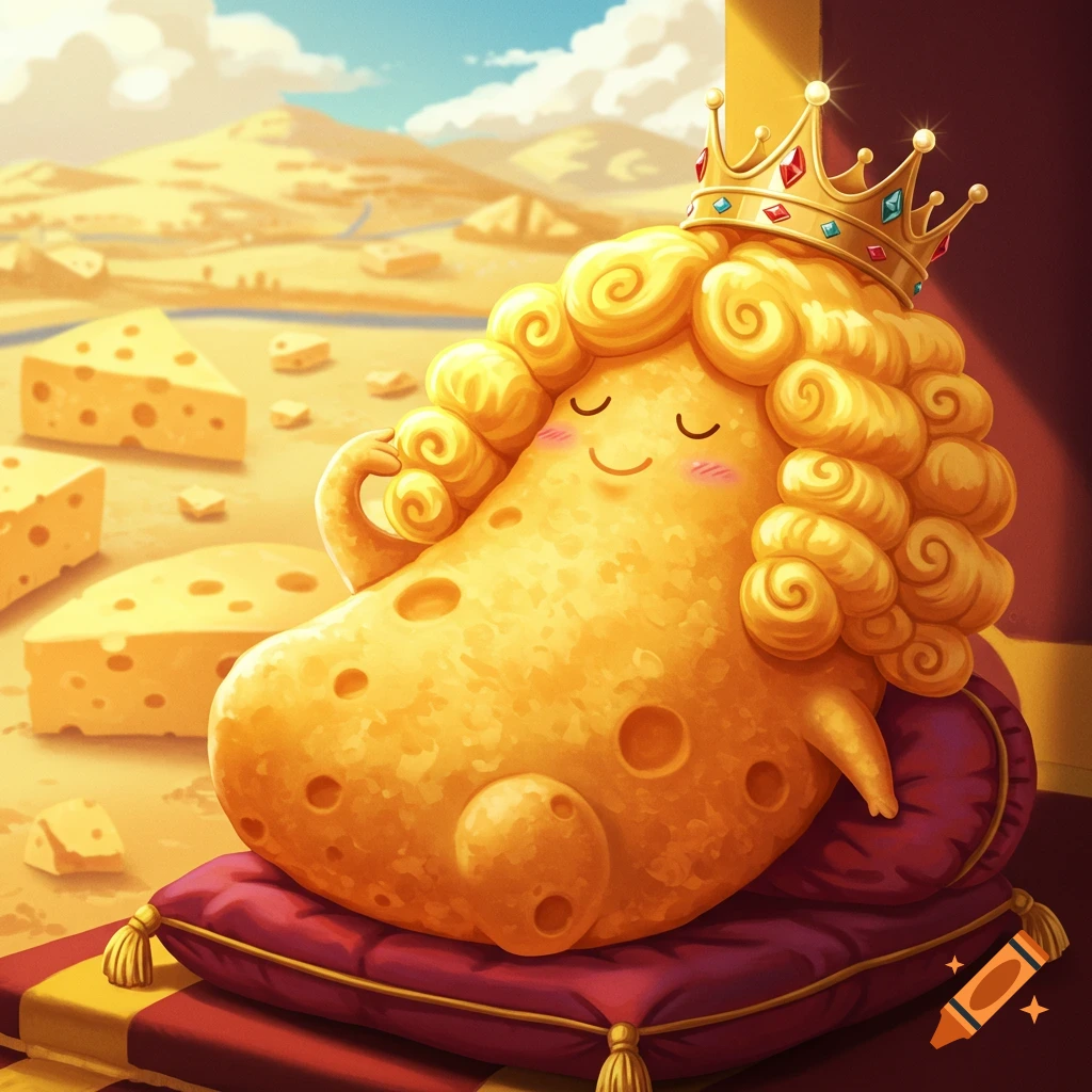 A cartoonish cheese puff with yellow curly hair and a golden crown reclines on red pillows in a cheese desert landscape.