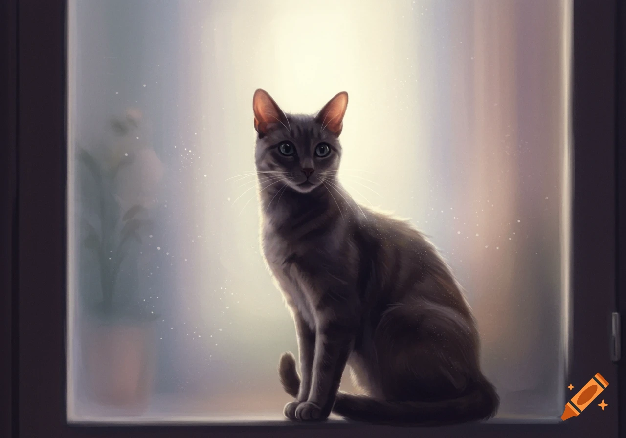 A gray tabby cat with green eyes sits on a windowsill, looking forward. Behind it is a bright, hazy frosted window.