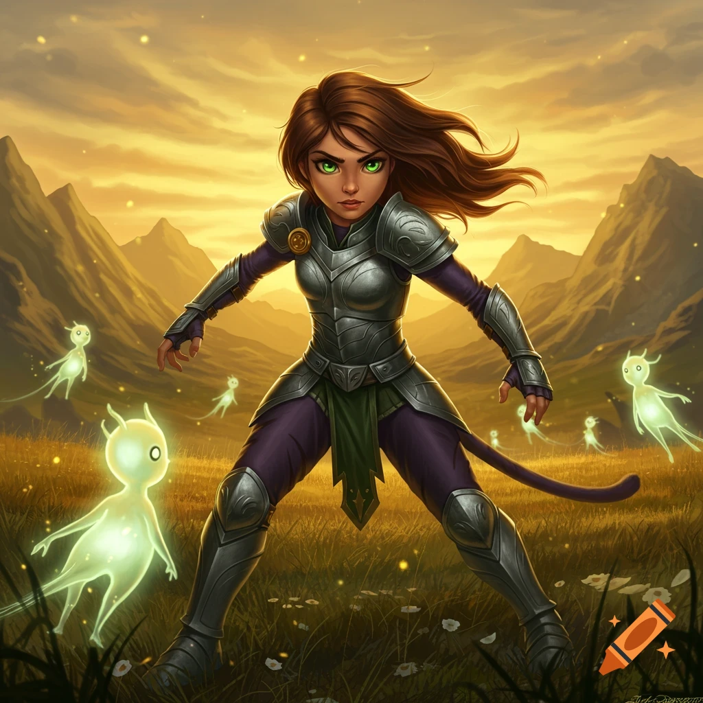 Female warrior in silver armor with a tail stands defensively in a glowing field at sunset, surrounded by small luminous sprites.