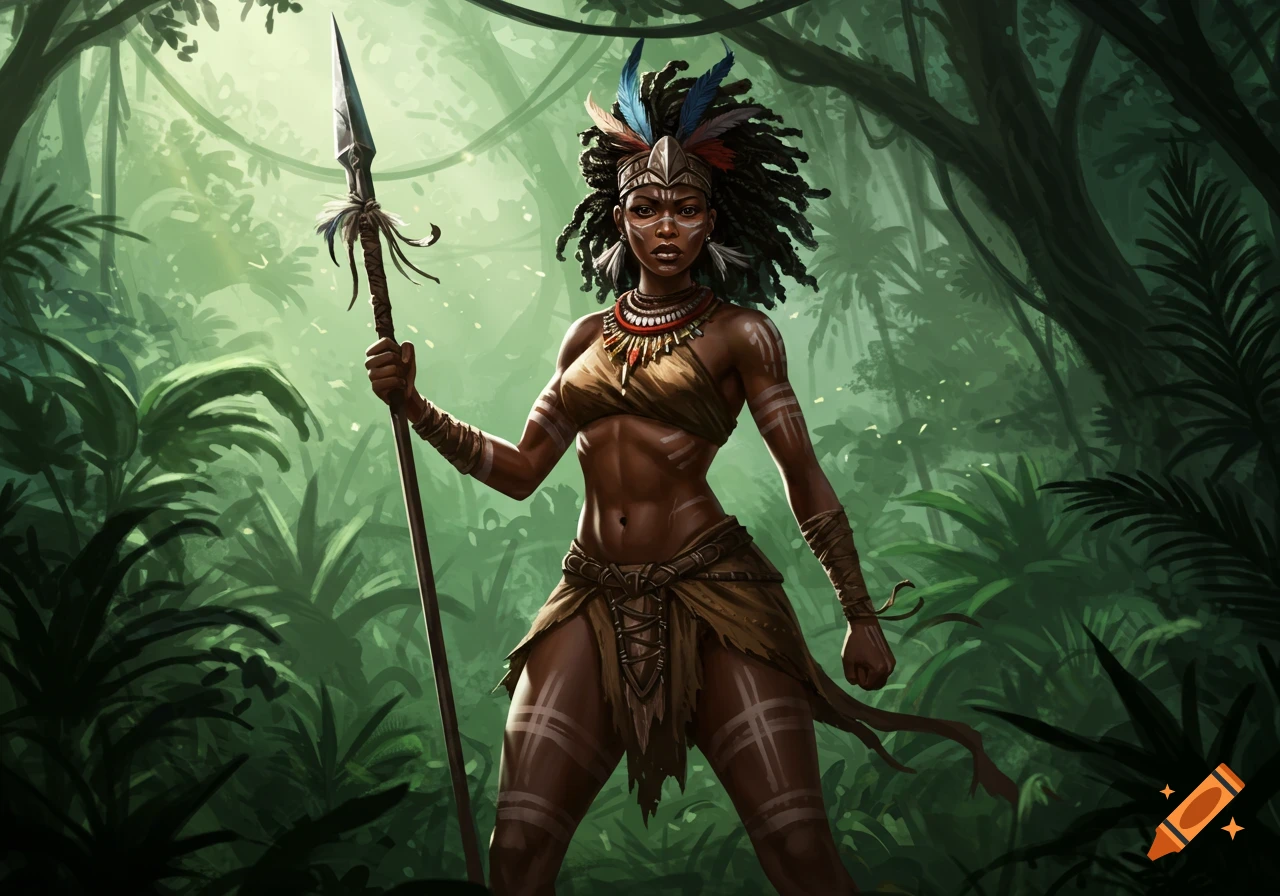 Muscular female warrior with dreadlocks, feather headdress, and tribal paint, holding a spear in a lush jungle.