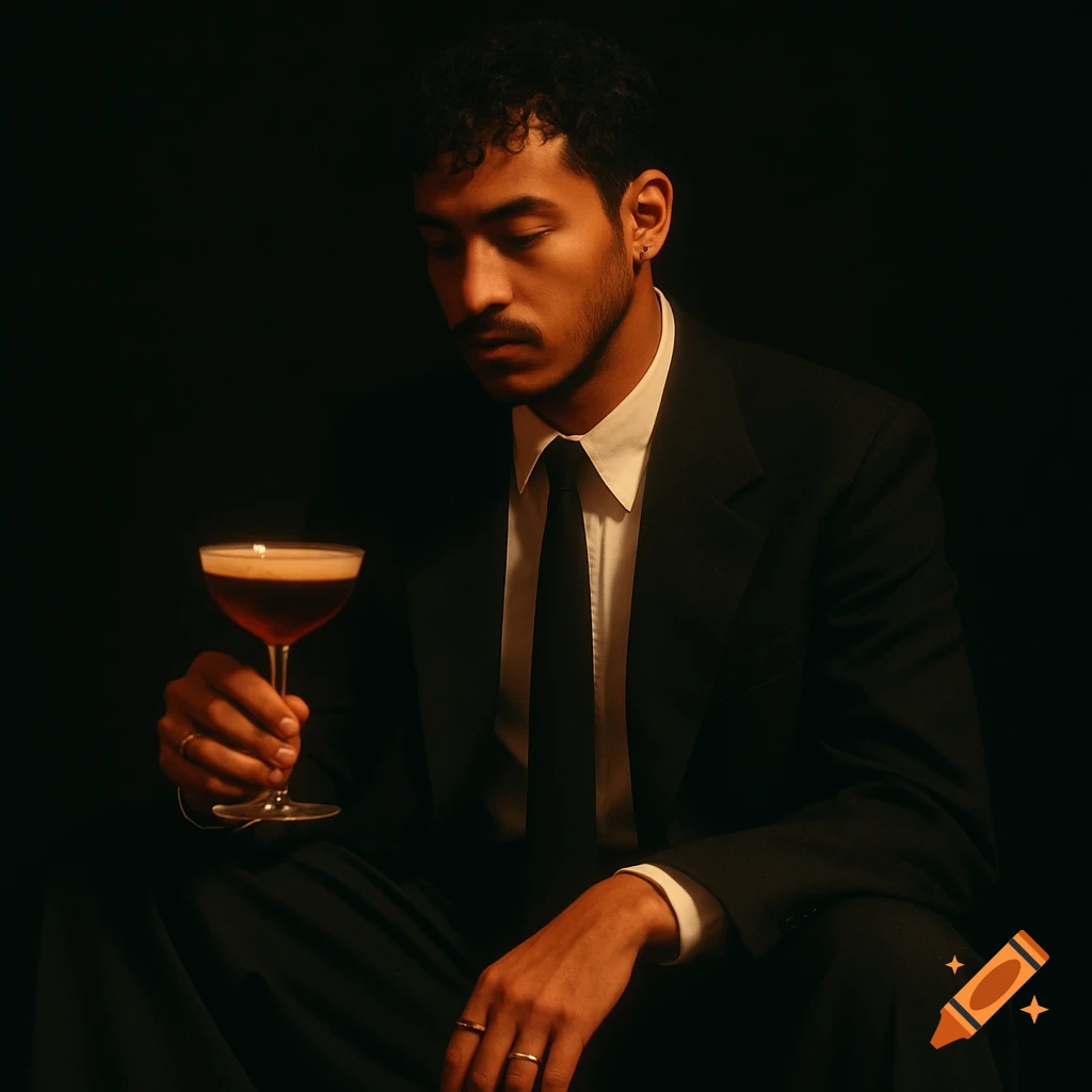 A man in a black suit and white shirt holds an Espresso Martini, looking down thoughtfully under warm, dramatic lighting.