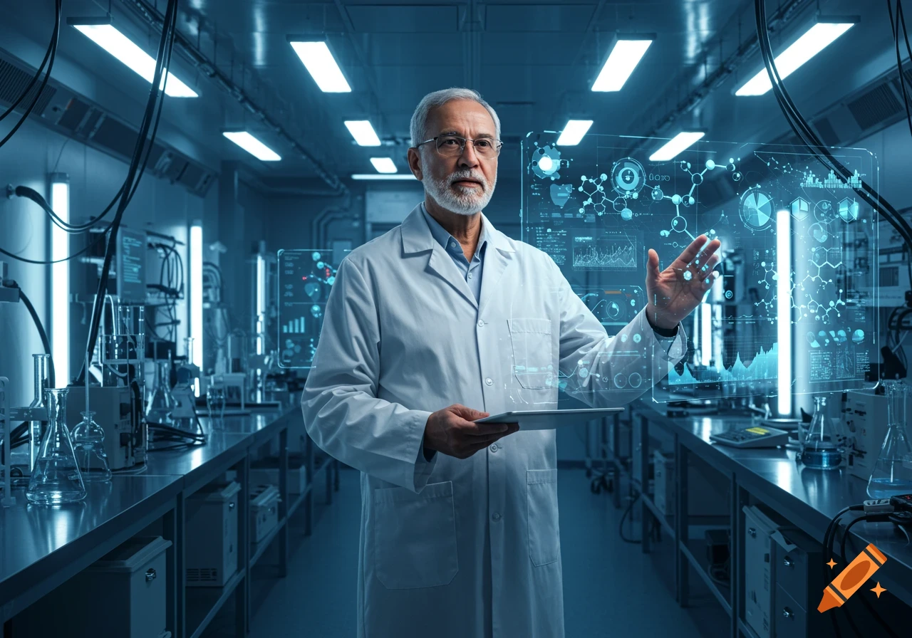 A distinguished male scientist in a lab coat interacts with a futuristic holographic display showing data and diagrams in a blue-lit lab.